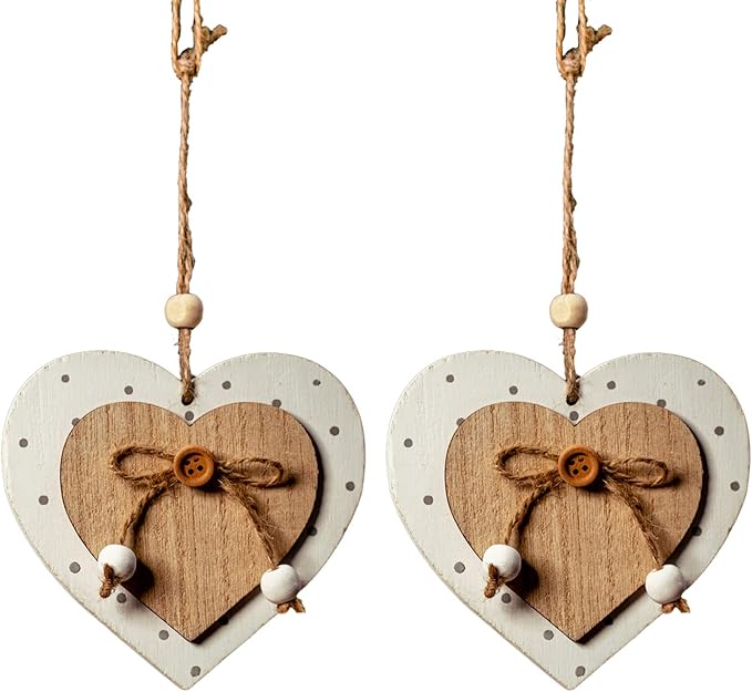 Sun&Beam Heart-Shaped Wooden Decorative 2Pcs Hanging Handmade Hearts Ornaments for Wedding Party Valentine Christmas Home Decoration Car Décor (H-#6, 2Pcs)