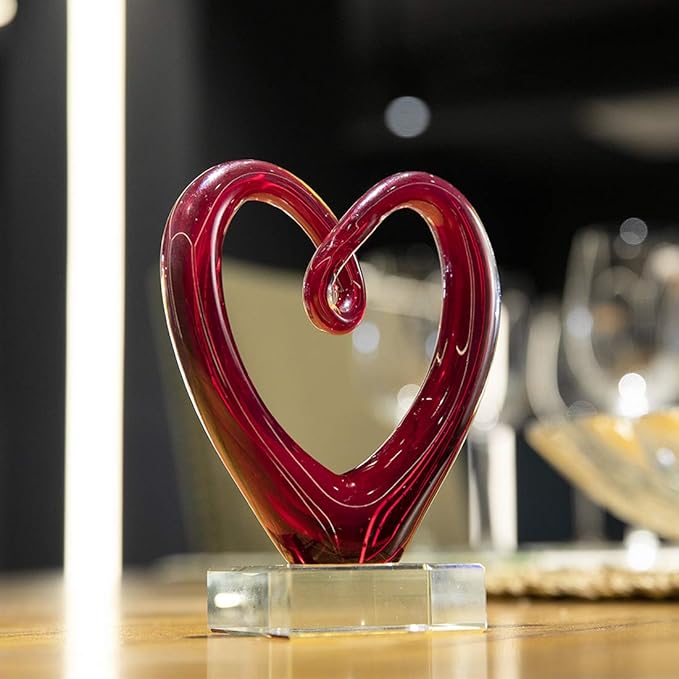 QFkris 5'' Tall Art Glass Red Heart Sculpture Centerpiece Party Home Decoration Glass Art Style Red Abstract Table Decor