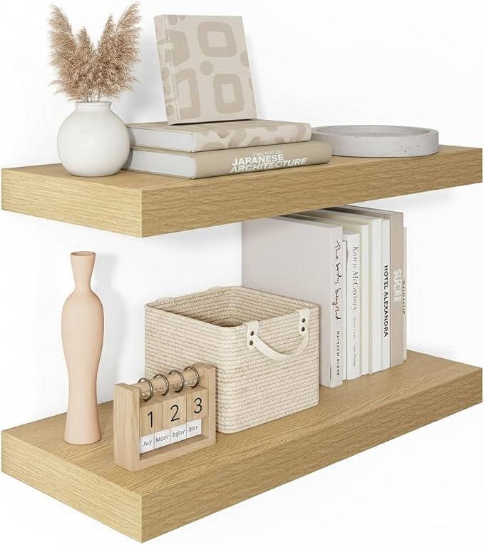 Vivelove 12 Inch Deep Floating Shelves 24 inch Long, 24 x 12 Wide Display Shelves with Invisible Brackets, Shelf for Bedroom Bathroom Living Room Office Home, Modern Shelf Set of 2, Oak