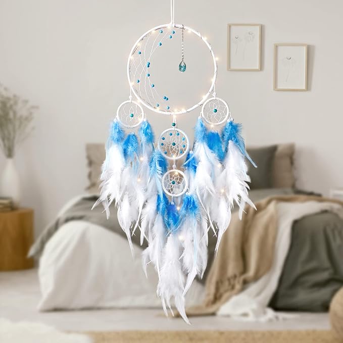 KHOYIME LED Light Up Dream Catcher Half Circle Moon Decor with Lights Handmade Feather Dreamcatchers for Bedroom Bohemian Home Decor Wedding Ornament Craft Gift for Girls Boys (Blue)