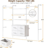 T3 Closet System with Stepless Dimmable LED Light, Industrial Pipe Clothing Rack with 4 Drawers, 6 Wooden Shelves & 4 Telescopic Rods, Heavy Duty Closet Organizers in Wardrobe Closet (White)