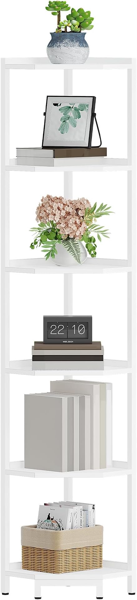 Hzuaneri Corner Shelf Stand, Corner Bookshelf, Storage Standing Shelf Unit with Metal Frame, Plant Stand, Bookcase for Living Room, Home Office, Bedroom, 6-Tier White CS06013W