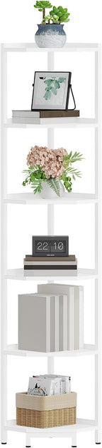 Hzuaneri Corner Shelf Stand, Corner Bookshelf, Storage Standing Shelf Unit with Metal Frame, Plant Stand, Bookcase for Living Room, Home Office, Bedroom, 6-Tier White CS06013W