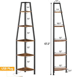 Furnulem 5 Tier Corner Shelf with LED Light, 67.2” Tall Standing Shelf for Wall Corner, Narrow Bookshelf Ladder Shelf for Bedroom, Living Room, Plant, Wood Storage Rack, Metal Frame (Rustic Brown)
