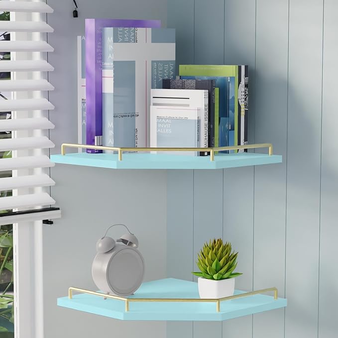 Tirzah Blue Wall Mount Corner Shelf with Gold Metal Guardrail, 2-Tier 9.5-inch Diamond-Shaped Wood Corner Floating Shelves for Home Decor Kitchen Organizer