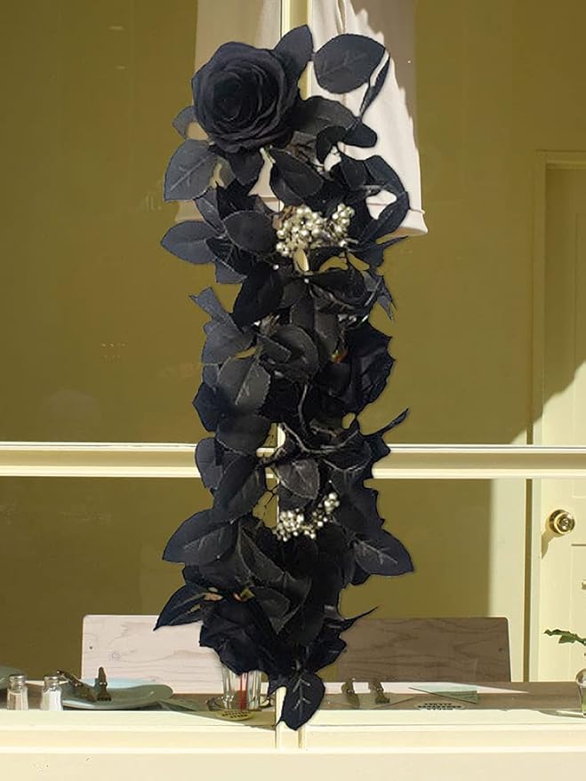 Artificial Rose Flower Swag,Artificial Sunflower Swag, 24 Inch Decorative Swag with Pumpkins Berries and Black Leaves for Halloween Home Front Door Lintel Wedding Arch Party Tabletop Wall Decor(#2)