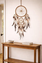 OMA Dream Catcher Wall Hanging with Tiger Eye Stones and Feathers, Brown Suede Traditional Dream Catcher Boho Home Decor Bedroom Decoration Gift Large Size - 28" Long x 9" Diameter