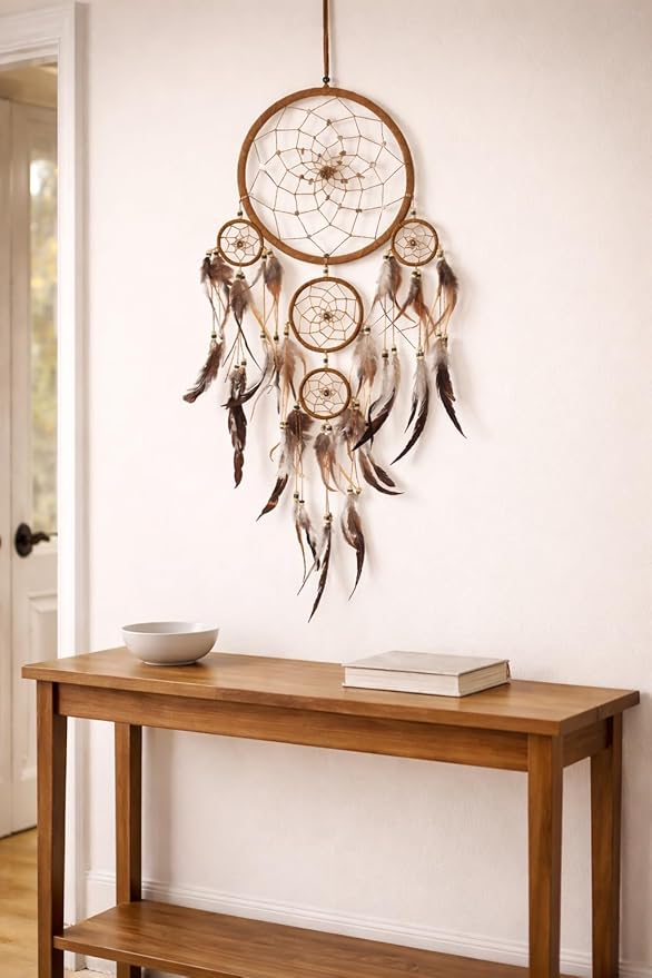 OMA Dream Catcher Wall Hanging with Tiger Eye Stones and Feathers, Brown Suede Traditional Dream Catcher Boho Home Decor Bedroom Decoration Gift Large Size - 28" Long x 9" Diameter