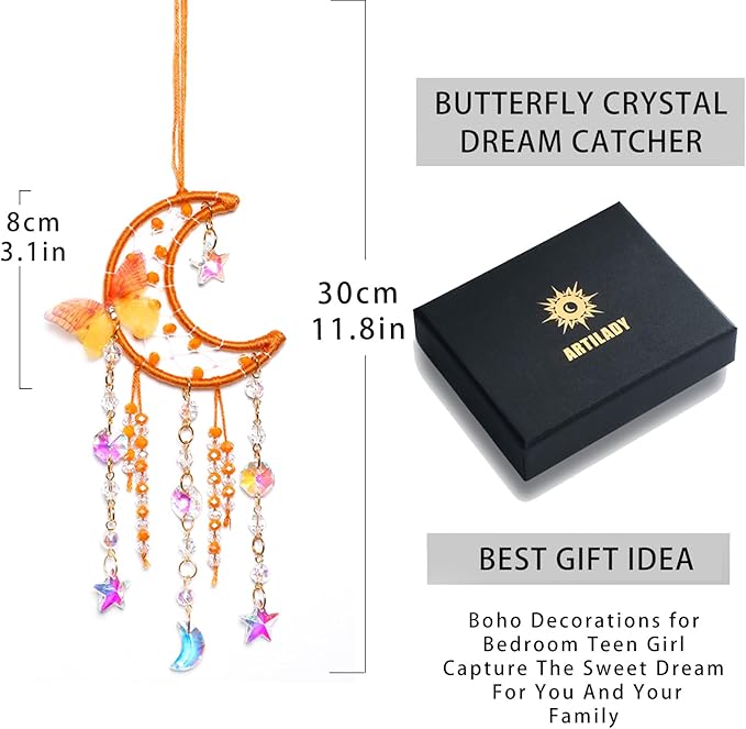 Artilady Dream Catcher for Girls - Butterfly Small Moon Dream Catchers with Crystals Cute Room Decor for Teen Girls Boys Boho Bedroom Wall Home Decorations Birthday Christmas Women Kids Gifts