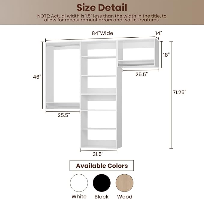 ROOMTEC Modular Closet System, 84" Wall-Mounted Closet Organizer with Hanging Rods, Modern Wooden Tower for Walk-In Closets, Wardrobe Storage Kit, White