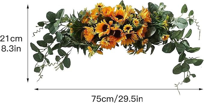 Artificial Sunflower Swag, Decorative Sunflower Wreath with Eucalyptus Leaves Handmade Floral Swag for Mirror Home Wedding Party Door Tabletop Decoration(Green)