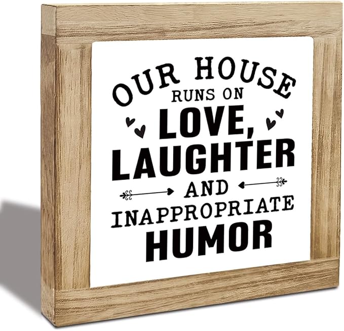 Funny Home Sign, Wood Box Sign, Our House Runs On Love Laughter And Inappropriate Humor, Inspirational Wood Box Desktop Decoration, Funny Farmhouse Home Office Living Room Deocration
