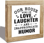 Funny Home Sign, Wood Box Sign, Our House Runs On Love Laughter And Inappropriate Humor, Inspirational Wood Box Desktop Decoration, Funny Farmhouse Home Office Living Room Deocration