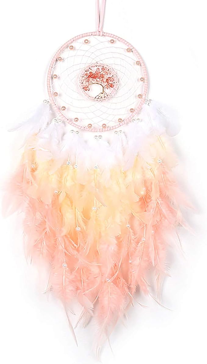 Dreamlike Tree of Life Dream Catcher Wall Decor Pink Dream Catcher with Healing Crystal Stone Handmade Feather Dreamcatchers Home Decor Wall Hanging for Girls Bedroom Living Room Wedding Party-25.6"