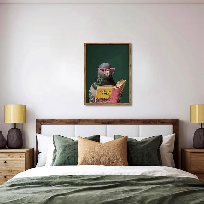Framed Funny Pigeon Wall Art, Humorous Bird Reading Wall Decor Paintings, Pooping on People Book Pictures Canvas Print Eclectic Home Decor for Bathroom Living Room Office Dorm 16x24 inch