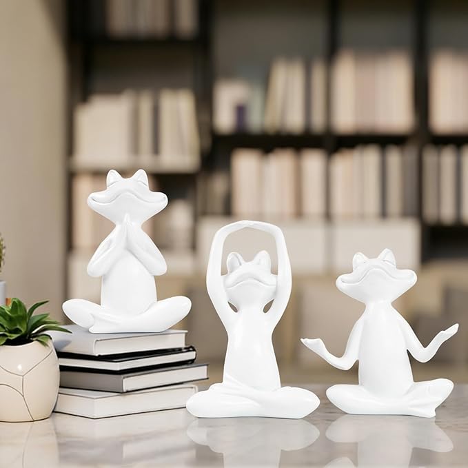 Suoedd White Frog Figurines Yoga Decor Set of 3 –Frog Yoga Statues for Modern Living Room Table Office Bookshelf Shelves Home Sculptures Decor