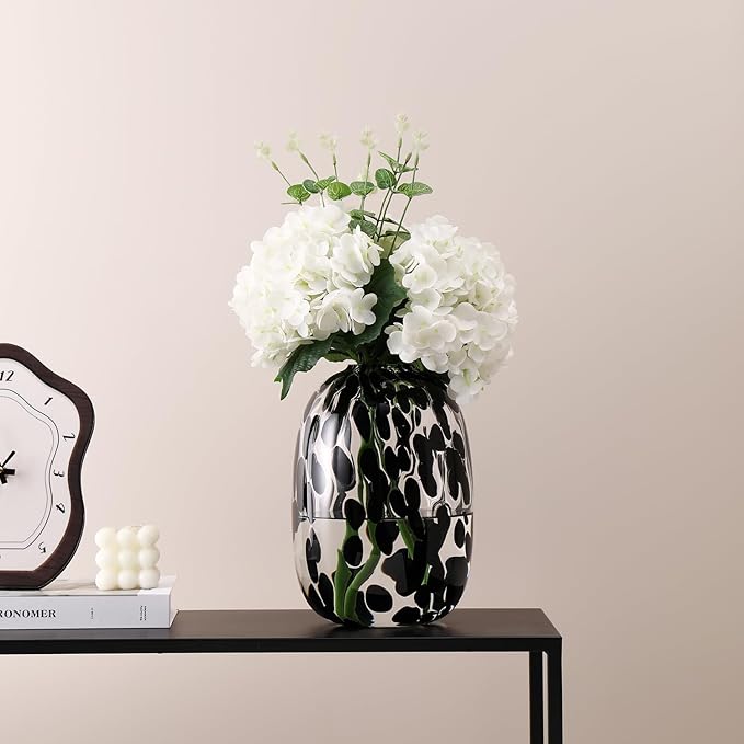 Black Glass Vase, Large Glass Flower Vases for Bouquets, Tall Floor Vase for Living Room, Dining Table, Mantle, Shelf, Wedding, Office, 10 Inches
