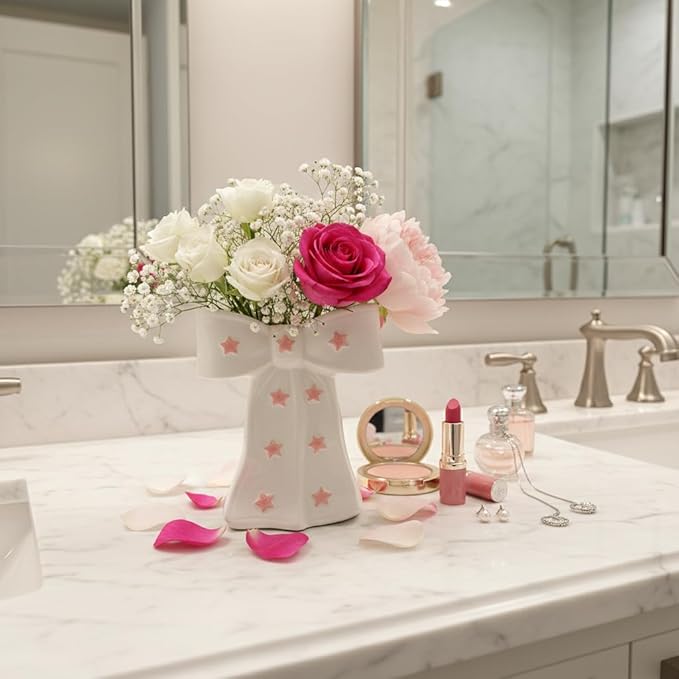 White Bow Vase, White and Pink Flower Vase for Home Decor, Ceramic Vases for Boho Style, Large Cute Vases for Ideal Shelf Decor/Table/Living Room. (Pink 3, Large)