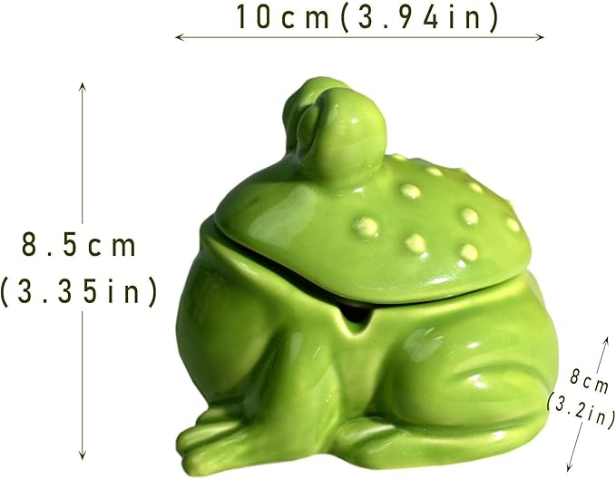 Frog Ashtray with Lid for Cigarette Ceramic Green Windproof Ash Tray for Home Office Tabletop Outside Patio Outdoor