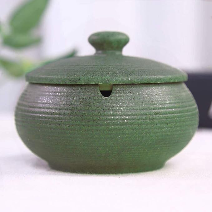Lependor Ceramic Ashtray with Lid,Windproof,Ash Holder for Smokers,Desktop Smoking Ash Tray for Home Office Decoration - Dark Green