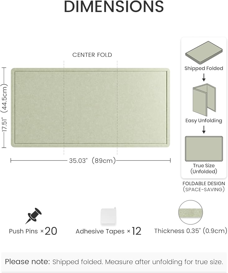 Fluxynara Bulletin Board, 35" x 17.5" Cork Board Alternative with 12 Safe Removable Adhesive Tabs, Foldable Felt Pin Board for Home Office, Classroom, Bedroom,Entryway for Walls—Sage