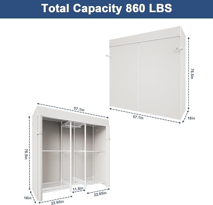 Ulif E12C Heavy Duty Closet Organizer System，Freestanding Clothing Rack, Adjustable Garment Rack 57.1" W x 16" D x 76.5" H Holds 860 lbs, White Clothing Rack with White Dustproof Cover