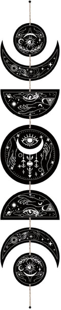 CREATCABIN 7Pcs Eyes Hands Moon Cycle Decor Boho Ornament Half Round Wood Pendant Moon Phase Decoration Halloween Ramadan Home Art Wall Hanging for Bedroom Farmhouse Gallery Apartment Bar 37.1x6.3in