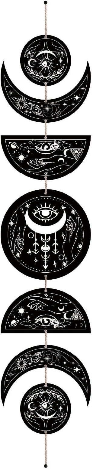 CREATCABIN 7Pcs Eyes Hands Moon Cycle Decor Boho Ornament Half Round Wood Pendant Moon Phase Decoration Halloween Ramadan Home Art Wall Hanging for Bedroom Farmhouse Gallery Apartment Bar 37.1x6.3in