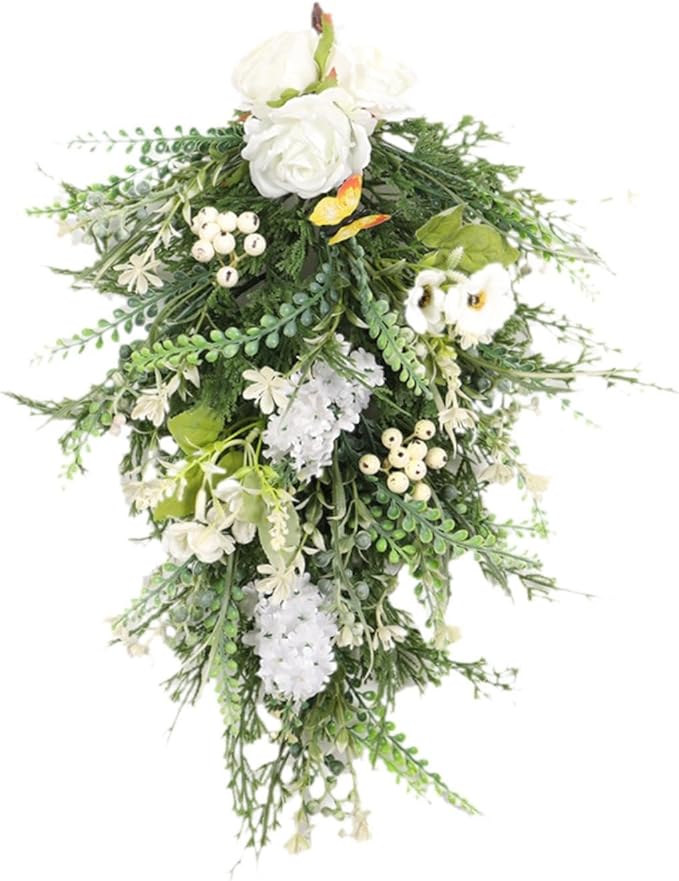 Artificial Flower Teardrop Swag Wreath Hanging Garland Welcome Sign 20inch Long for Farmhouse Decor Accessory Versatile