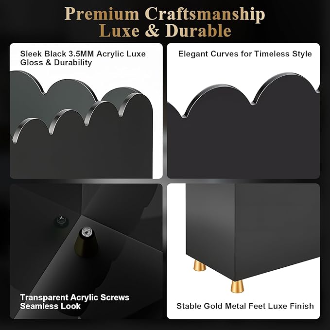 Acrylic Magazine Holder, Magazine Rack Floor,Sleek Black Stylish Organizer with Luxe Gold Metal Feet and Wave Edge Design Space Saving Storage for Books Newspapers Office Supplies,Home Office(Black)