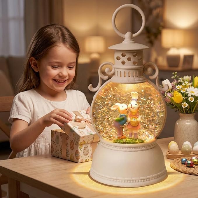 Easter Snow Globe Lantern, 9.4" Bunny Couple Lighted Snow Lantern with 6-Hour Timer, Battery or USB Powered, Spring Easter Decorations for Home, Easter Gift & Indoor Decor