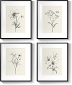 Framed Black and White Botanical Wall Art for Bathroom, 4 Piece Minimalist Floral Plant Artwork for Walls, Vintage Farmhouse Flower Picture Prints for Bedroom Kitchen Living Room Wall Decor, 8x10 Inch