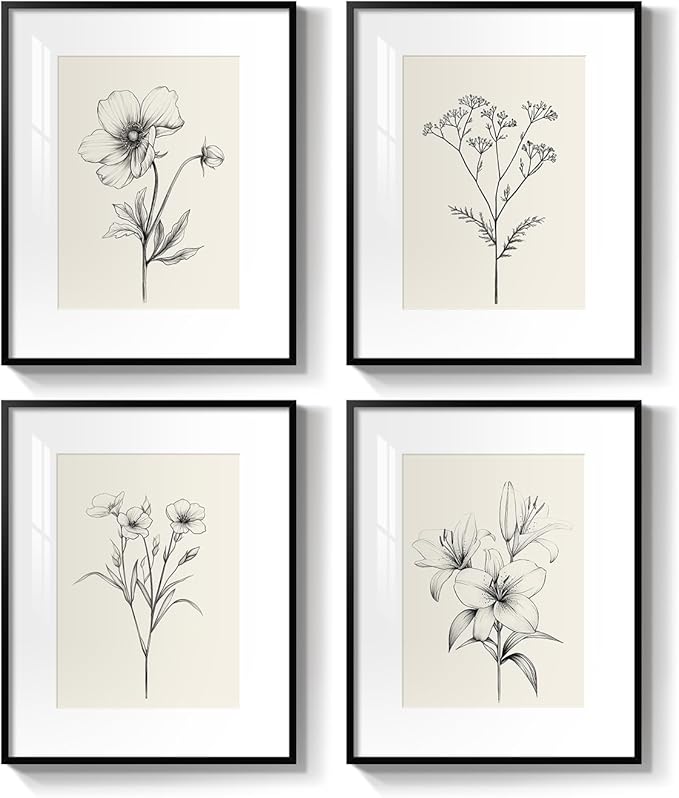 Framed Black and White Botanical Wall Art for Bathroom, 4 Piece Minimalist Floral Plant Artwork for Walls, Vintage Farmhouse Flower Picture Prints for Bedroom Kitchen Living Room Wall Decor, 8x10 Inch