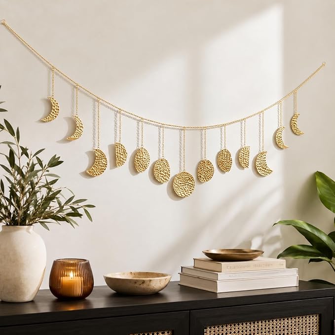 opulinea Moon Phase Garland Gold Hammered Metal - Celestial Boho Wall Hanging Decor Moon Phases Ornament for Bedroom Aesthetic Above Bed Living Room Home Decor