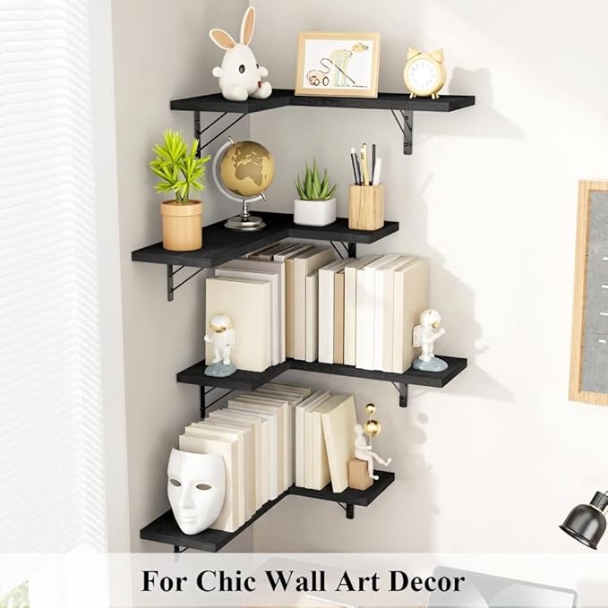 Love-KANKEI Corner Shelf Wall Mounted,Floating Wall Shelves for Storage,Rustic Wood Hanging Shelves for Display,Bathroom Kitchen Bedroom Living Room,Set of 4,Black