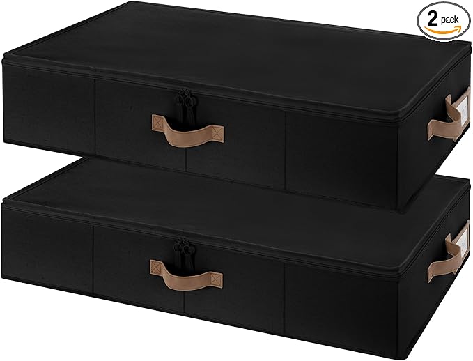 StorageWorks Underbed Storage Containers with Lids, 2-Pack 6" Low Profile Under Bed Organizers for Clothes, Bedding and Sweaters, 53L Large Fabric Storage Bins, Foldable Space Saving, Black