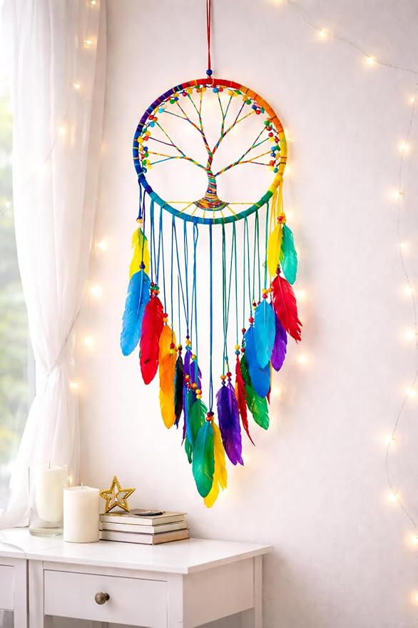 OMA Chakra Rainbow Dream Catcher, Tree of Life Design with Feathers and Beads, Rainbow Suede Authentic Traditional Dream Catcher Boho Home Decor - Large Size - 36" Long x 11" Diameter (Rainbow)