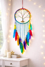 OMA Chakra Rainbow Dream Catcher, Tree of Life Design with Feathers and Beads, Rainbow Suede Authentic Traditional Dream Catcher Boho Home Decor - Large Size - 36" Long x 11" Diameter (Rainbow)
