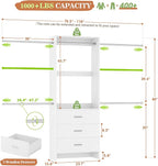 Aheaplus Closet System, Closet Organizer with 3 Wooden Drawers, Closet Organizer System, Walk-in Closet Wardrobe Clothes Rack with 4 Hanging Rods, Garment Rack, -4R, White