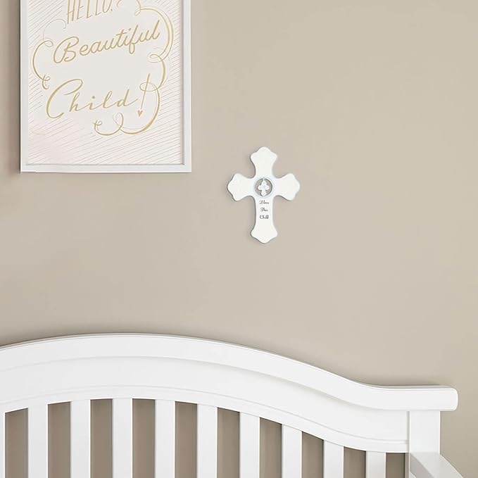 DEMDACO Bless This Child Wall Cross - Blessing Cross for Baby - Faith Nursery Decor - Gift for Newborn - Religious Christian Wall Hanging - Porcelain - Gift Box Packaging - Blue