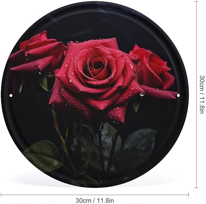 Wall Picture, with Red Rose and Black Leaves Printed Circular Iron Hanging Picture,Wall Art Decor,Home for Bedroom Living Room Bathroom Decor,Iron Painting 11.8X11.8 in