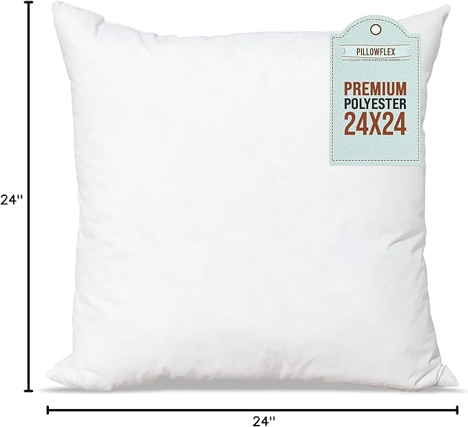 Pillowflex Premium Polyester Throw Pillow Insert - 24x24 - Ultra Soft Square Throw Pillow, Couch Sham, Lumbar, Back, Sofa - Machine Washable - Decorative Accent Form - 1 Soft Pillow