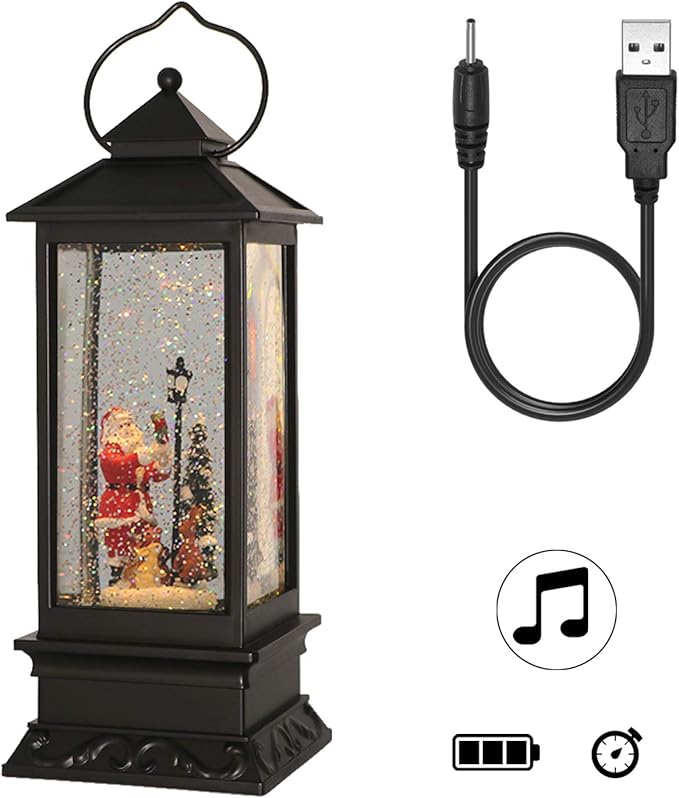 Wondise Christmas Lighted Musical Snow Globe Decorations with Timer, USB Powered and Battery Operated Spinning Water and Swirling Glitter (Santa)