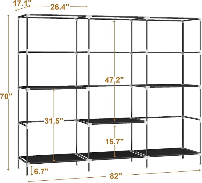 83" Closet Wardrobe, Portable Closet for Bedroom, Freestanding Clothes Rack with Non-Woven Fabric Cover, 5 Hanging Rods, 6 Storage Shelves, Clothes Storage Organizer, Black