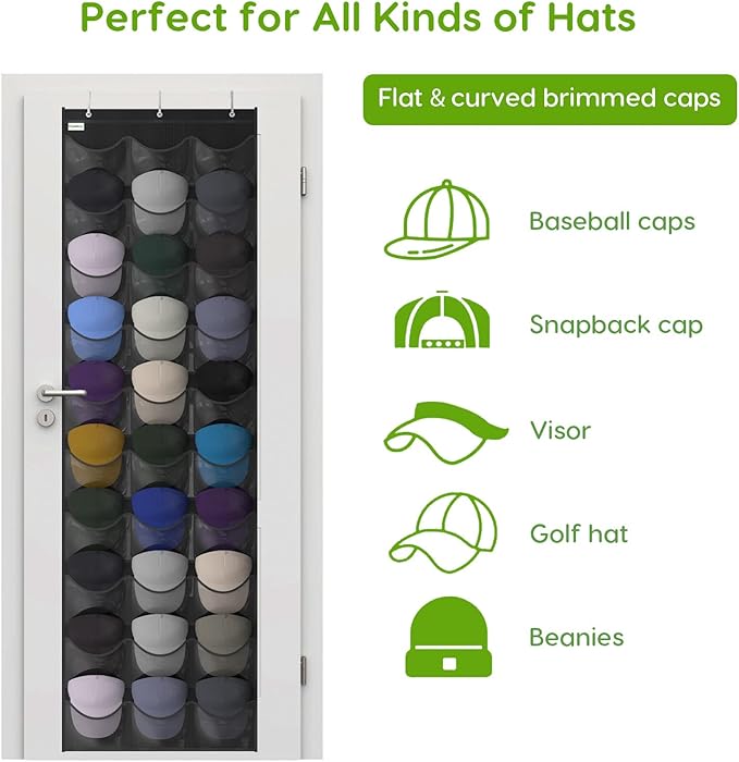 Unjumbly Baseball Hat Rack, 30 Pocket Over-The-Door Hat Organizer with Clear Deep Pockets to Display Baseball Caps Collection, Complete with 3 Over Door Hooks (Black, 30 Pockets)