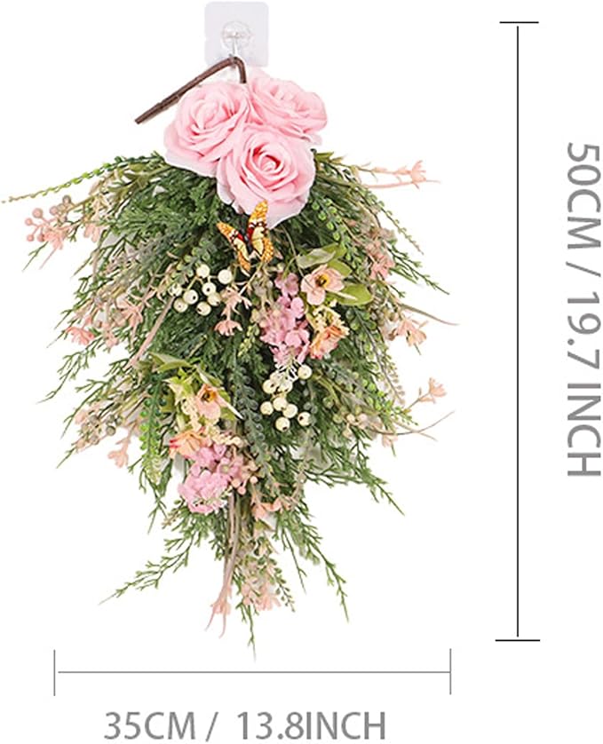 Artificial Floral Swags, 20inch Spring Teardrop Swag, Decorative Floral Swag with Rose Flowers and Berries, Artificial Rose Flower Swag Wedding Arch Flowers Floral Arrangement