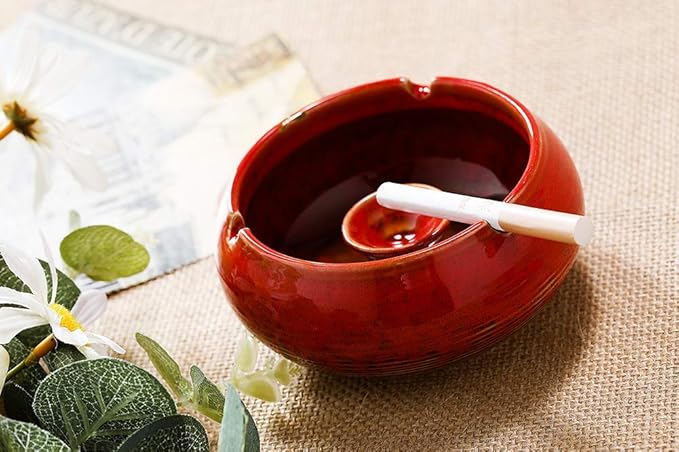 Lependor Ceramic Ashtray with Lids, Windproof, Cigarette Ashtray for Indoor or Outdoor Use，Ash Holder for Smokers,Desktop Smoking Ash Tray for Home Office Decoration- Red