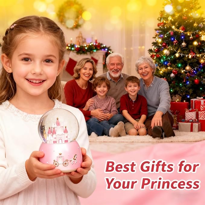 Snow Globe, Castle Musical Snow Globes with Crystal Ball & Colorful LED Lights, Snow Fall Fairy Tale Carriage Castle Snow Globes, Christmas Birthday Gifts for Women, Girls, Kids, Home Room Decor