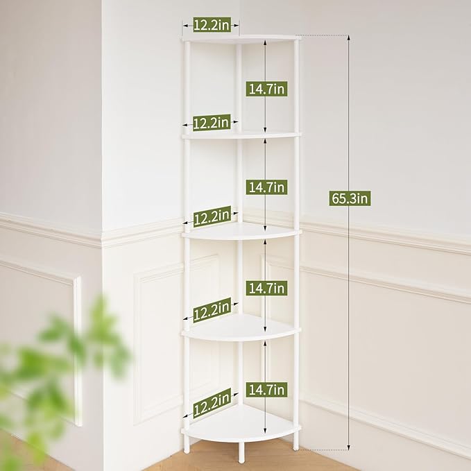 Yoobure Corner Shelf Stand, 5-Tier Bookshelf, 65" Tall Shelves for Bedroom, Living Room, Narrow Display Shelf Bookcase, White Book Shelf with Display Shelves for Office