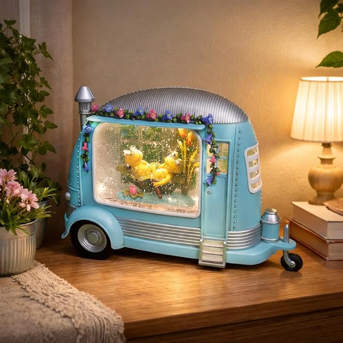 Spring Camper Water Globe with Frogs 6.75” Acrylic Snow Globe LED Lights Water Spinning Glitter Battery Operated Easter Spring Home Decoration